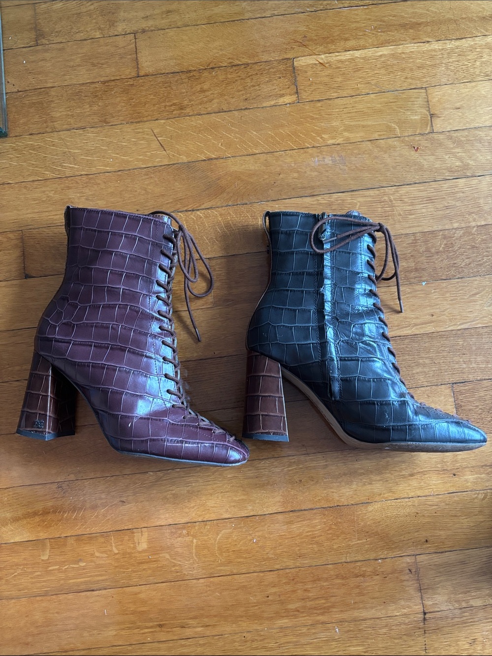 Sam Edelman Croc Laced Up Boots Grey, Brown, Burgundy